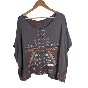 Johnny Was Grey Southwest Boho Colorful Embroidered V Neck Boxy Blouse Tee Sz M